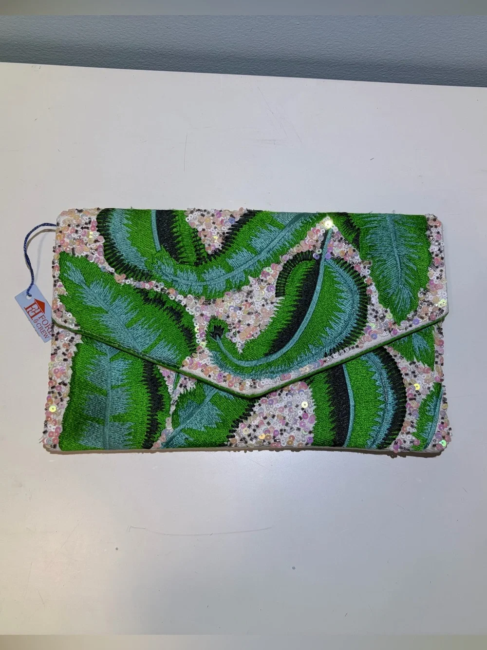 NWT Ford & Crew Tropical Palm Leaf Embroidered Sequin Envelope Clutch With Chain
